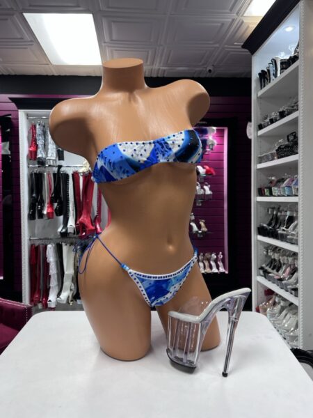 Blue Crystal Bandeau Bikini with strapless top and matching string bottom