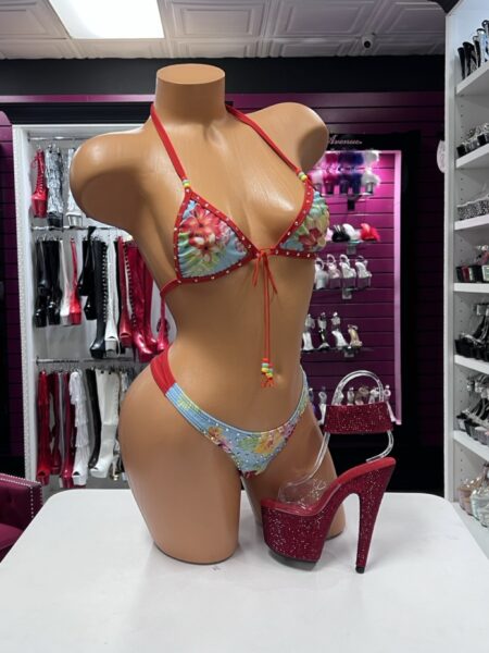 Tropical Crystal Bikini Set with floral print and red crystal trim