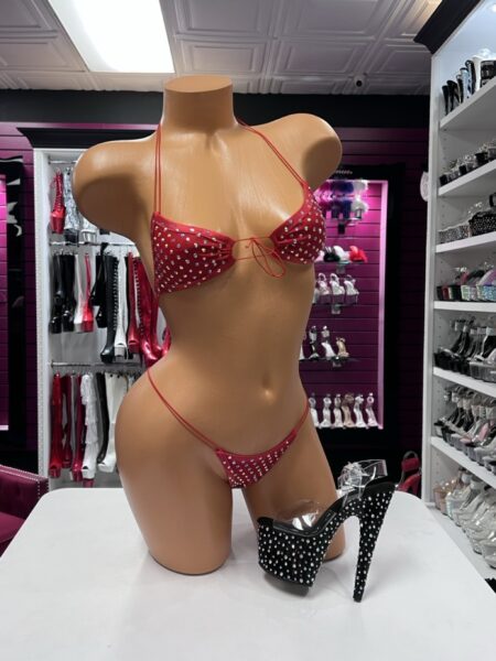 Red crystal bikini set with halter top and matching string bottom