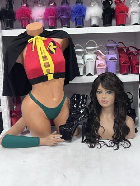 Comic sidekick hero costume with red crop top green bottom and black cape