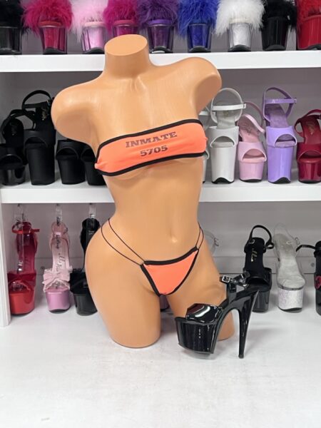 Orange inmate bandeau set with INMATE 5705 top and matching thong bottom