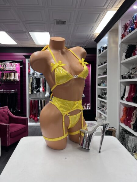 Yellow bow garter set with crystal trim and attached leg straps