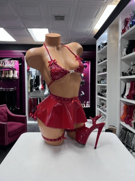 Ruby patent bow skirt set with crystal accents