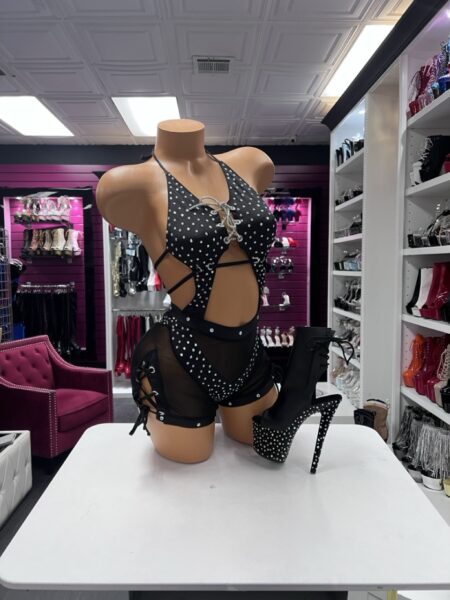 Black crystal lace-up romper with sheer shorts