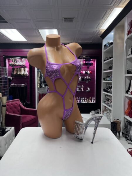 Purple crystal strappy romper with crossed front straps