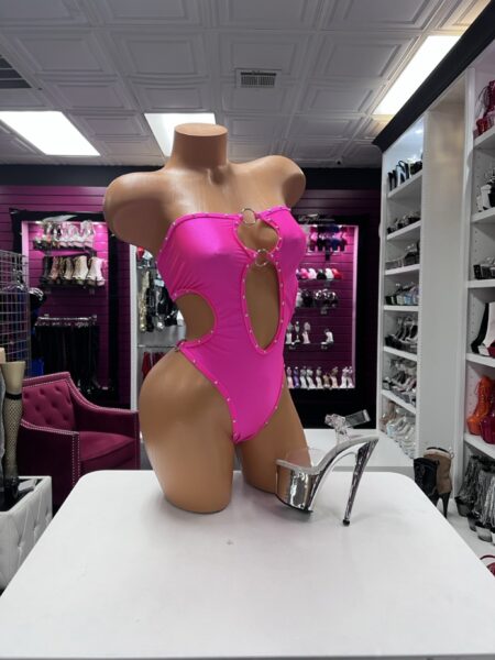 Hot pink ring romper with crystal trim and open sides
