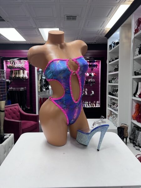 Multicolor snake ring romper with hot pink crystal trim