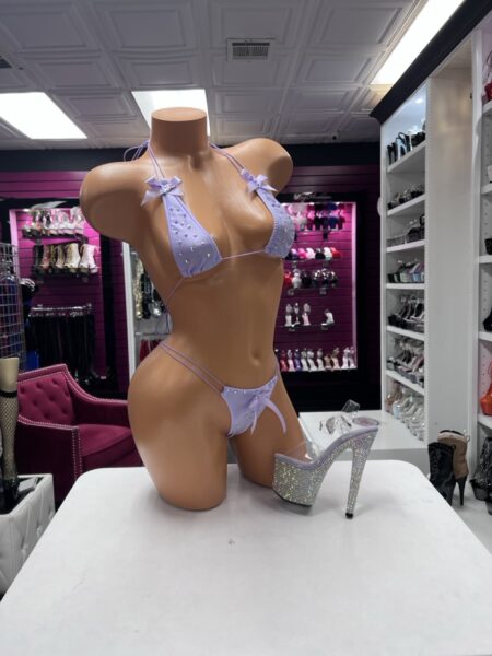 Lavender crystal bow bikini with triangle top and strappy bottom