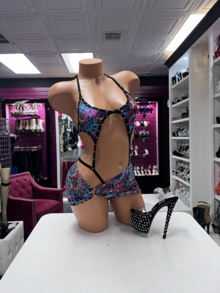 Psychedelic multicolor strappy two piece set with printed shorts and crystal details