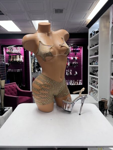 Nude crystal strappy two piece set with open side shorts