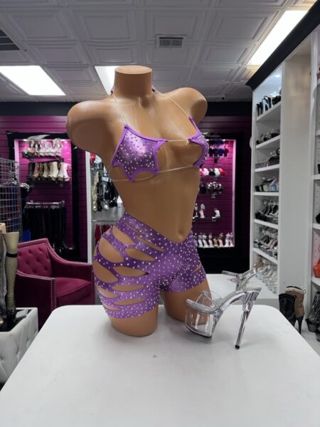 Purple crystal two piece set with strappy top and open side shorts