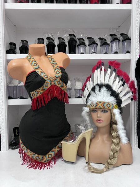 Wild West black fringe mini dress costume with colorful patterned trim and feather headpiece