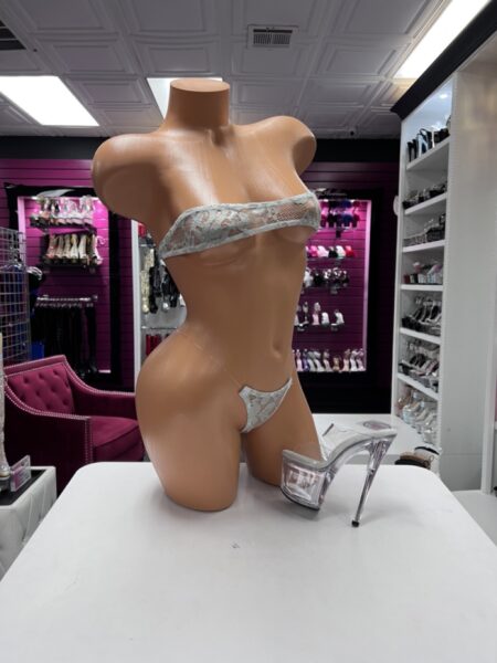 Gray Lace Micro Bikini featuring a floral lace bandeau top and matching micro thong displayed as a two-piece lingerie set.