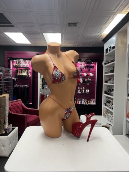 Sugar Skull Stringkini featuring an adjustable triangle bikini top and matching tie-side thong with colorful sugar skull artwork.