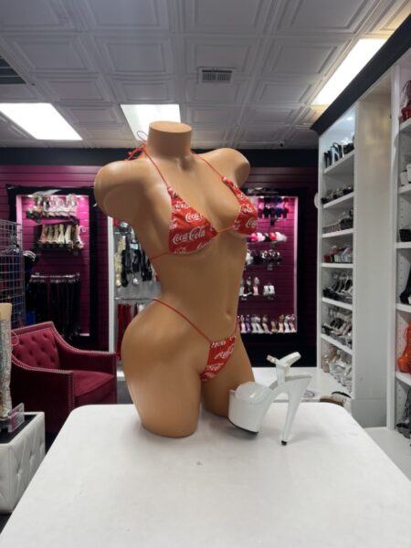 Vintage Soda Stringkini with adjustable triangle bikini top, matching tie-side thong, and retro soda-inspired red print.