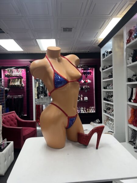 Patriotic Stringkini with glossy metallic blue triangle bikini top, matching tie-side thong, and bold red contrast trim.