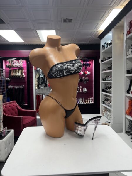 Skull Bandeaukini with a black-and-white skull-inspired printed bandeau bikini top and matching minimalist bottoms.