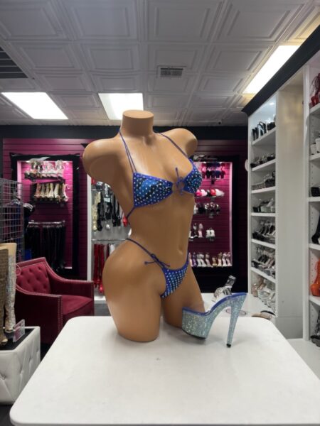 Blue Rhinestone Stringkini with adjustable triangle bikini top, matching tie-side thong, and sparkling crystal embellishments.