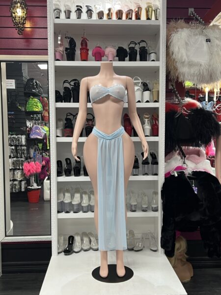 Baby blue draped skirt set with crystal bandeau top and long sheer open-side mesh panel