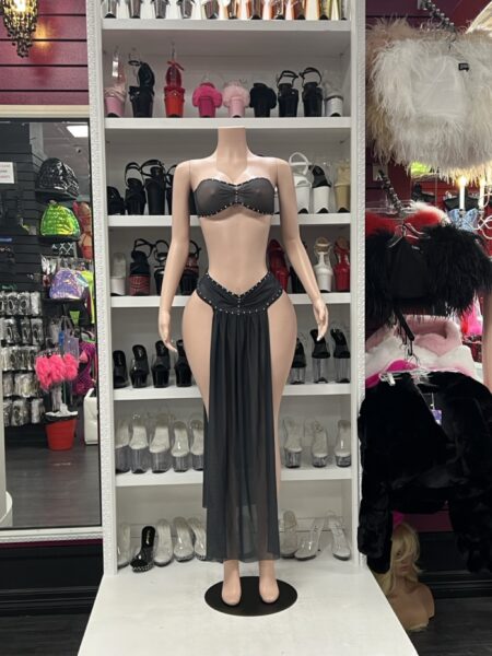 Black mesh draped skirt set with crystal bandeau top and sheer long open-side skirt