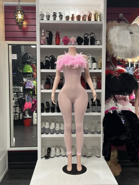 Pink feather mesh jumpsuit with sheer full-length fitted design and fluffy neckline