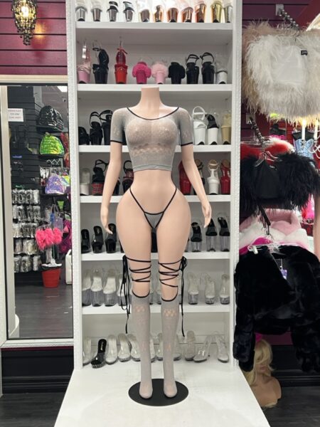 Gray lace sock set with sheer crop top, matching thong and knee-high lace socks with wraparound ties