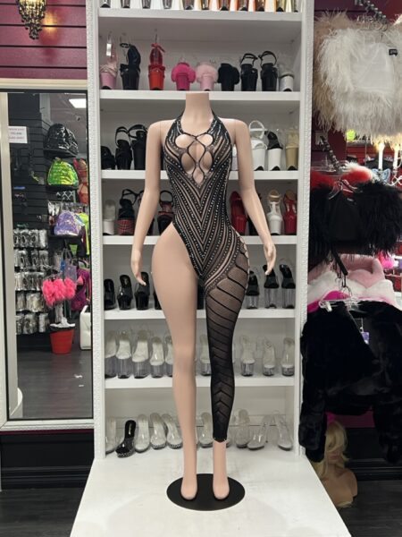 Black crystal asymmetrical bodystocking with sheer net and single-leg design