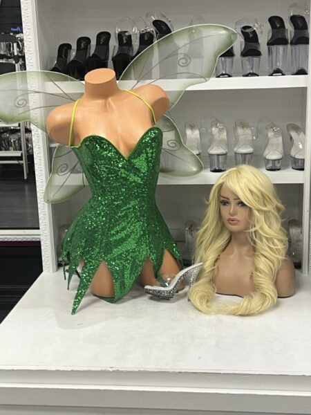Green Sequin Fairy Costume with strapless sweetheart neckline, sparkling green pointed skirt and matching green fairy wings.