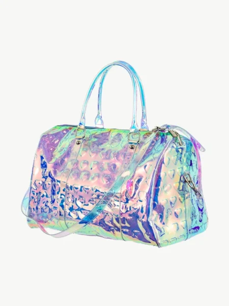 Iridescent Heart Weekender Bag with rainbow reflective finish, embossed heart pattern, dual handles, and removable shoulder strap.