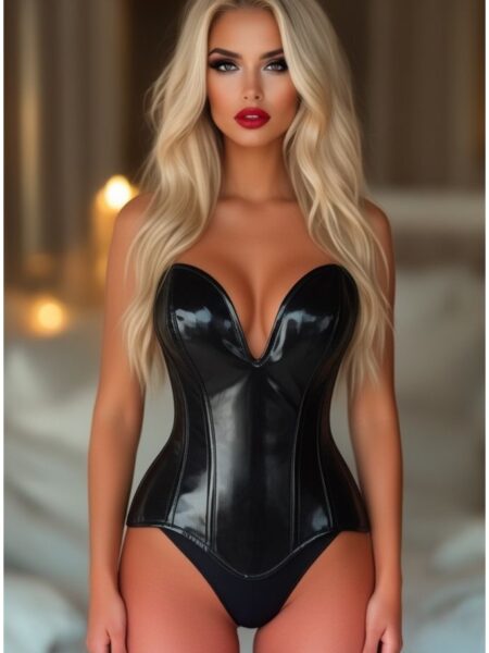 Top Drawer Steel Boned Black Patent Plunge Neckline Overbust Corset