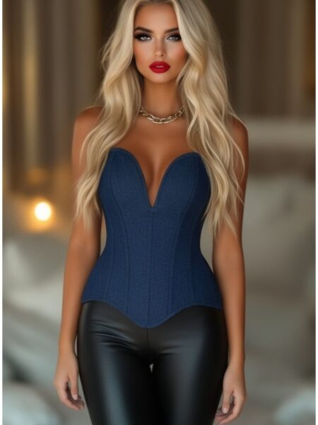LIMITED EDITION Top Drawer Steel Boned Dark Blue Denim Plunge Neckline Overbust Corset