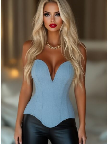 LIMITED EDITION Top Drawer Steel Boned Light Blue Denim Plunge Neckline Overbust Corset