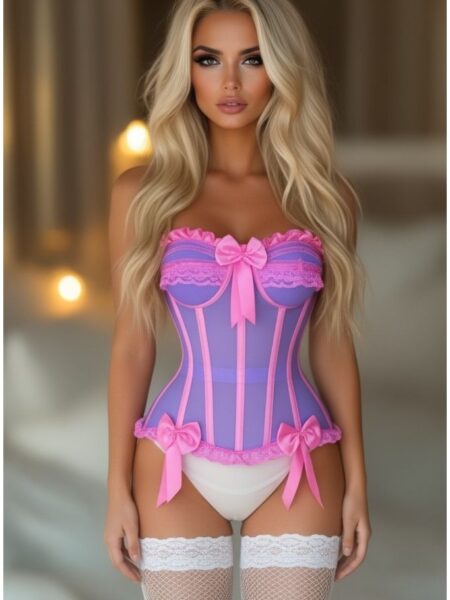 Top Drawer Steel Boned Purple/Pink Mesh Underwire Bustier Corset