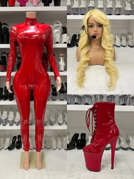 Pop Star Red Costume with glossy red full-length catsuit, high neckline, long sleeves, and microphone headset.