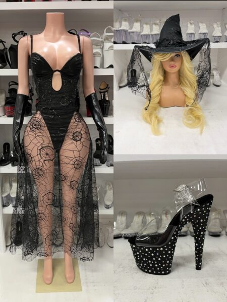 Diamond Spider Witch costume featuring a rhinestone dress with built-in romper, flowing spiderweb mesh overlay, matching gloves, and classic witch hat.