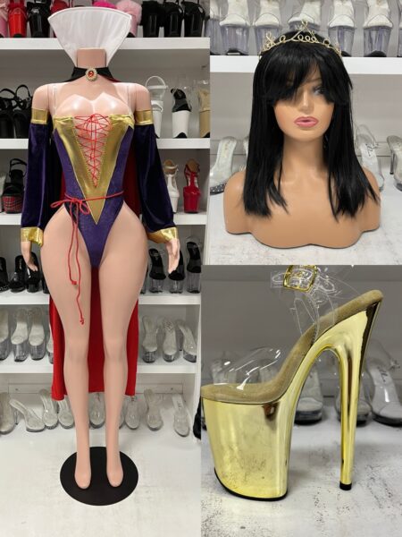 Evil Queen Halloween Costume by Starline LA featuring a purple and gold lace-up romper, detachable collar, long sleeves, red-lined black cape, crown, and matching belt.