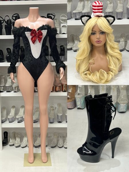 Sexy Hat Cat Babe black bodysuit costume with tail and headpiece