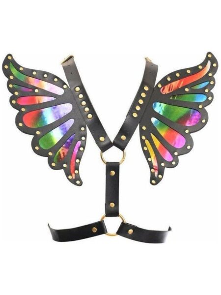 Black Faux Leather & Rainbow Holo Butterfly Wing Harness — Pleasure Zone Houston