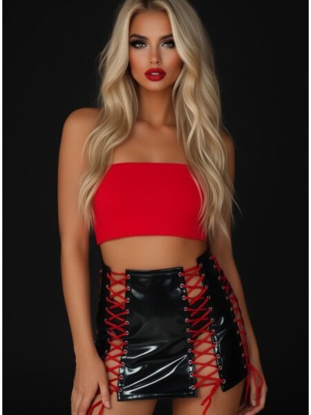 Black Patent Lace-Up Skirt w/Red Lacing — Pleasure Zone Houston