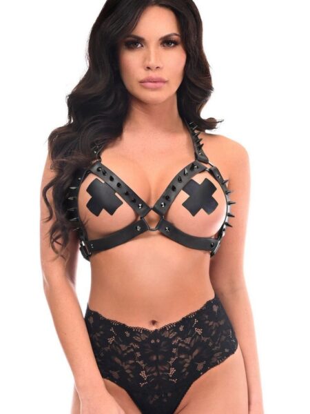 Black Vegan Leather & Black Metallic Spikes Body Harness — Pleasure Zone Houston