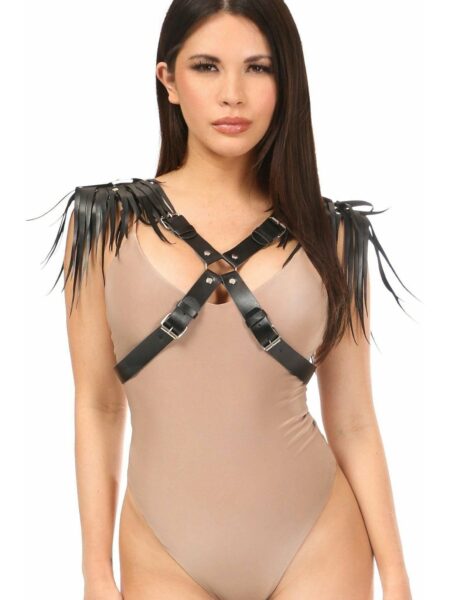 Black Vegan Leather Body Harness w/Shoulder Fringe — Pleasure Zone Houston