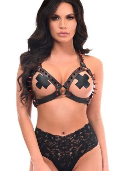 Black Vegan Leather & Red Metallic Spikes Body Harness — Pleasure Zone Houston