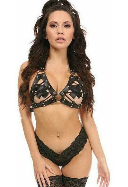 Black/Gold  Faux Leather Lace-Up Bra Top — Pleasure Zone Houston
