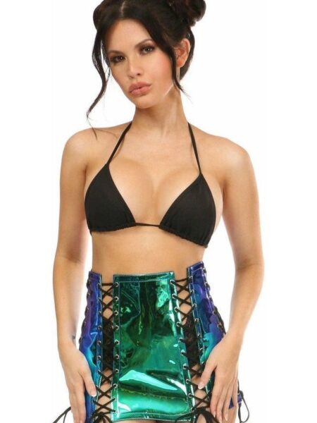 Blue/Teal Holo Lace-Up Skirt — Pleasure Zone Houston