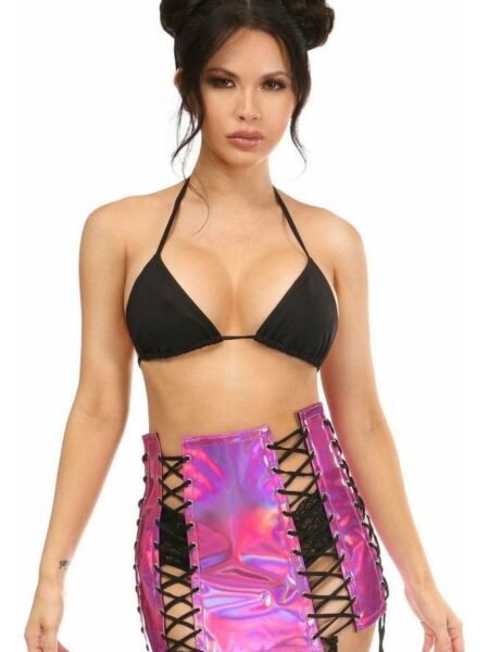 Fuchsia Holo Lace-Up Skirt — Pleasure Zone Houston