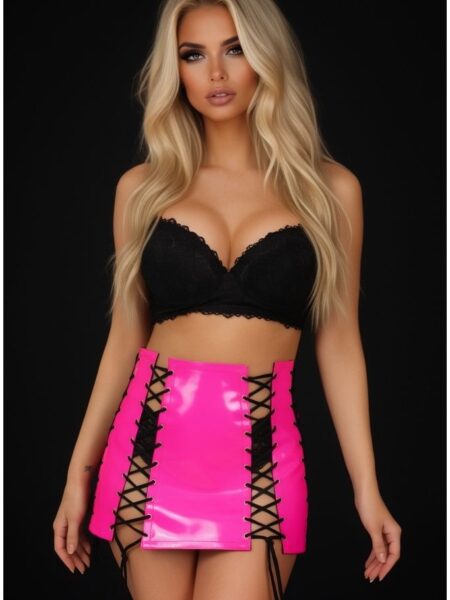 Hot Pink Patent Lace-Up Skirt w/Black Lacing — Pleasure Zone Houston