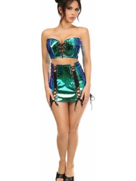 Lavish 2 PC Blue/Teal Holo Bustier & Skirt Set — Pleasure Zone Houston