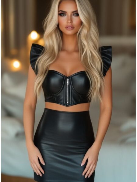 Lavish Black Faux Leather Underwire Bustier Top w/Removable Ruffle Sleeves — Pleasure Zone Houston