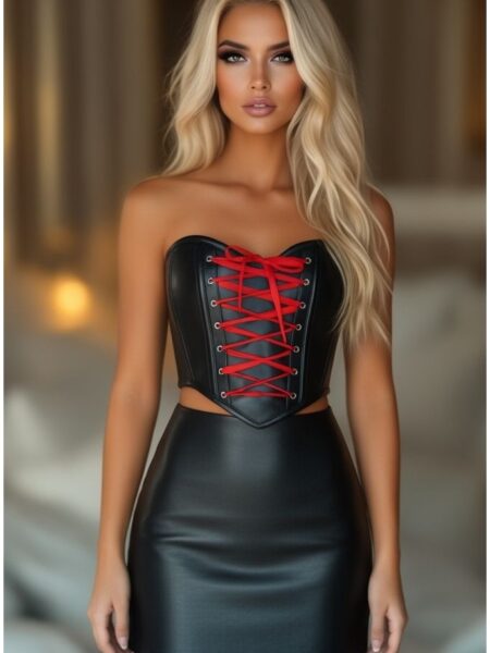 Lavish Black Faux Leather w/Red Lace-Up Bustier — Pleasure Zone Houston