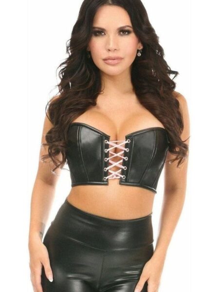 Lavish Black/Lt Pink Faux Leather Lace-Up Short Bustier Top — Pleasure Zone Houston